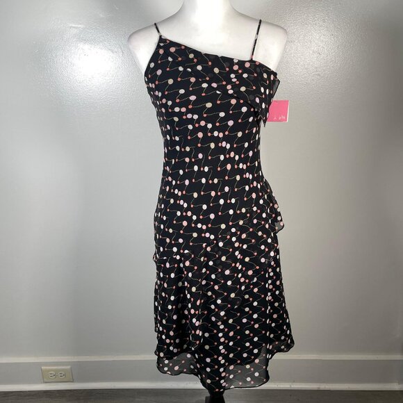 Le Pink Black Pink Polka Dots Asymmetrical Strap Neck Sleeveless Dress 10 NWT - Picture 2 of 12